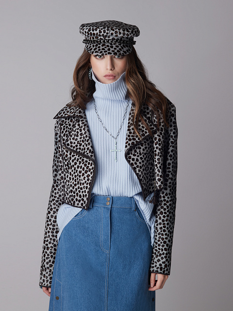 Leopard Printed Kangaroo Fur Cropped Biker Jacket, 4