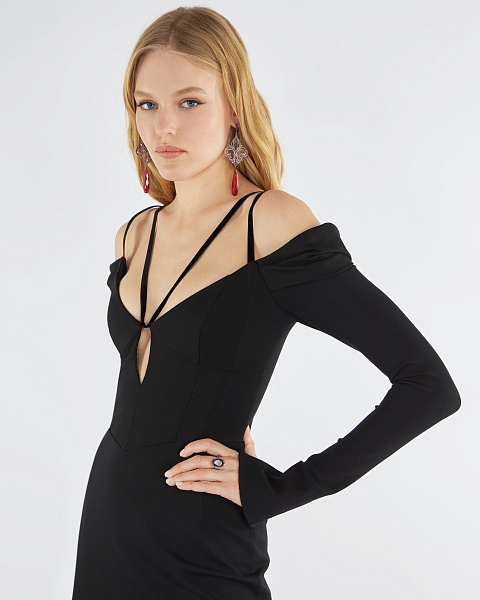 Black Rayon Rhinestones Midi Dress, 6
