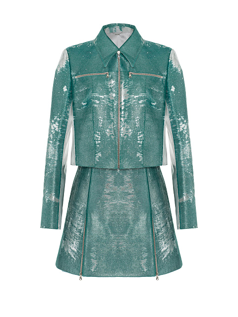 Turquoise leather set with cropped jacket and mini skirt, 1