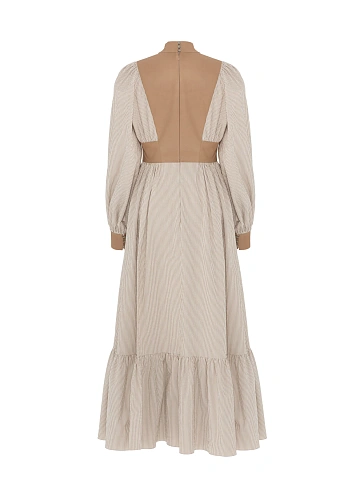 Beige Leather Trim Striped Cotton Maxi Dress, 2