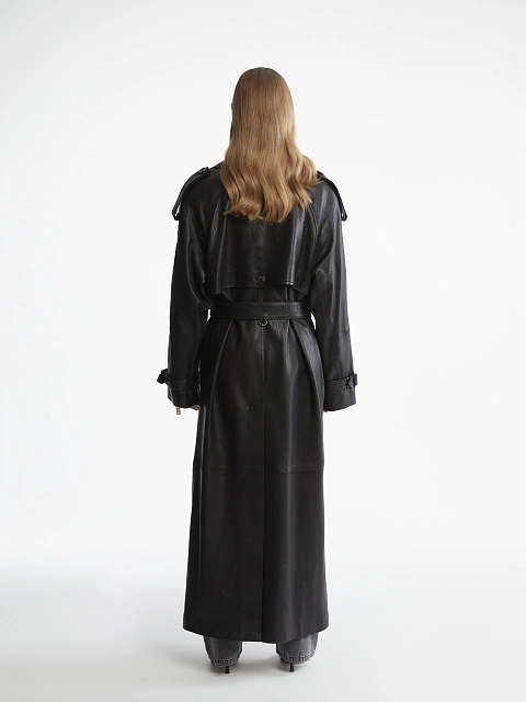 Black Textured Leather Trench Coat, 5