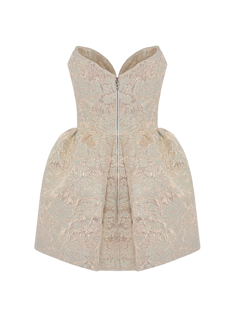 Beige & Gold Pattern Brocade Mini Dress, 5