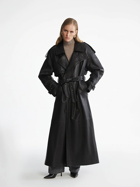 Black Textured Leather Trench Coat, 6