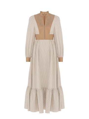 Beige Leather Trim Striped Cotton Maxi Dress, 1