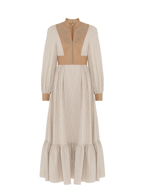 Beige Leather Trim Striped Cotton Maxi Dress, 1
