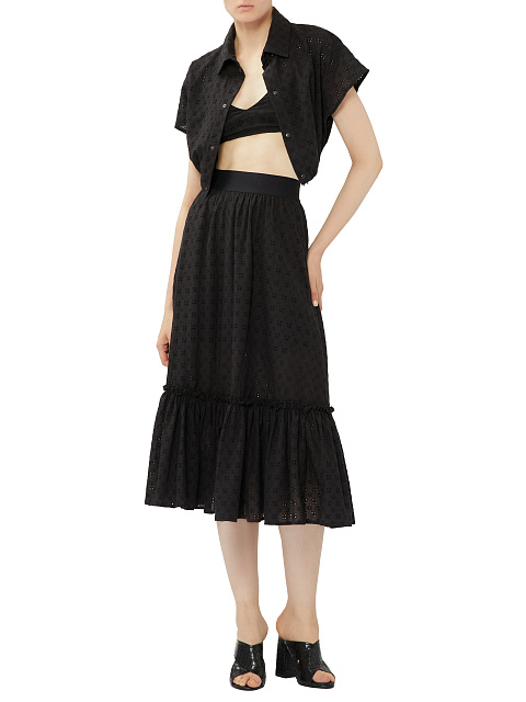 Black Cotton Lace Set Of Bra & Cropped Shirt, 7