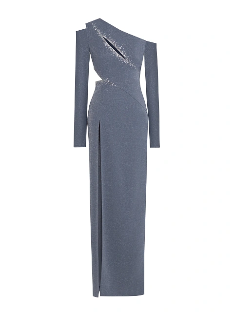 Blue Asymmetric Lurex & Rhinestones Maxi Dress, 1