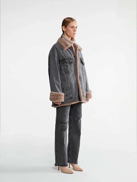 Grey Denim & Brown Shearling Oversized Jacket, 3