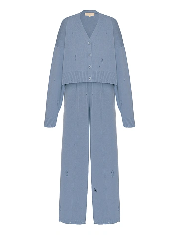 Light Blue Knitted Cardigan, Top & Pants Set, 2