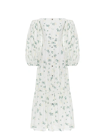 White Floral Print Off Shoulder Midi Dress, 1