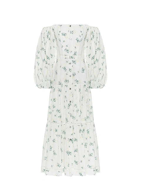 White Floral Print Off Shoulder Midi Dress, 1