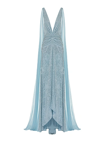 Light Blue Sequin Silk Maxi Dress With Chiffon Tail , 1