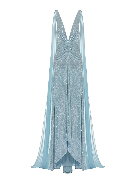Light Blue Sequin Silk Maxi Dress With Chiffon Tail , 1