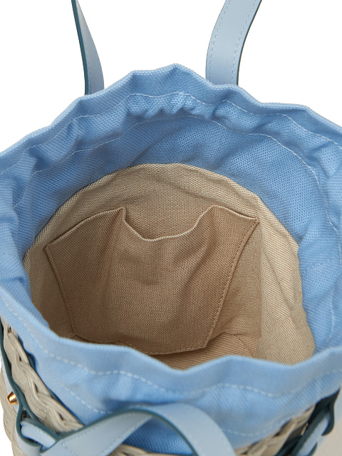 Blue Leather Trimmed Straw Bucket Bag, 4
