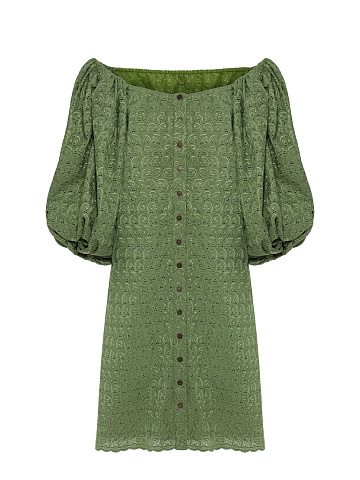 Green dress, straight silhouette, flashlight sleeve, button placket, 1