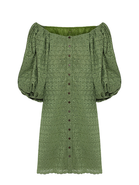 Green dress, straight silhouette, flashlight sleeve, button placket, 1