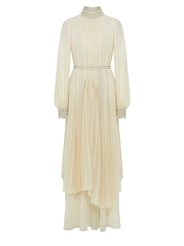 Beige Plisse Chiffon Maxi Dress, 1