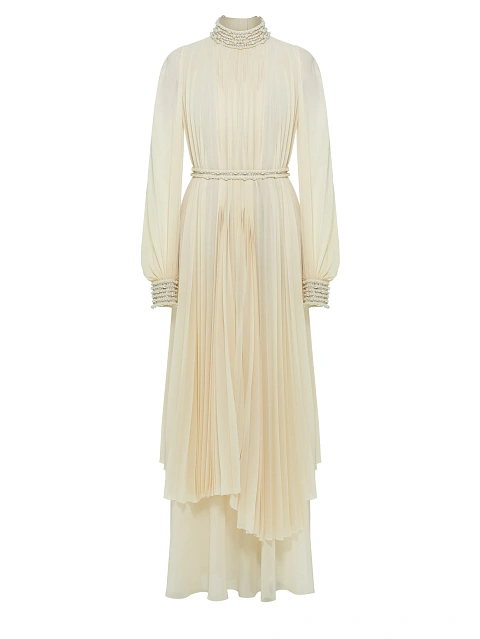 Beige Plisse Chiffon Maxi Dress, 1