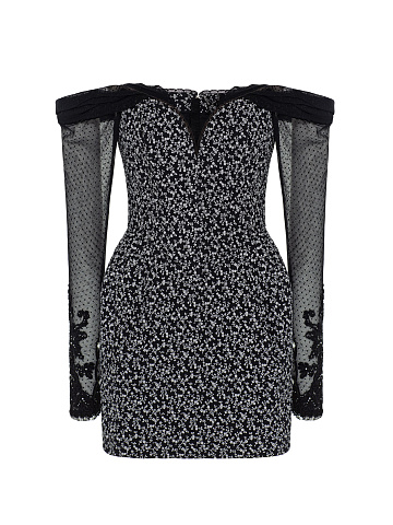 Black Cotton Mini Dress With Floral Print And Lace Sleeves, 1