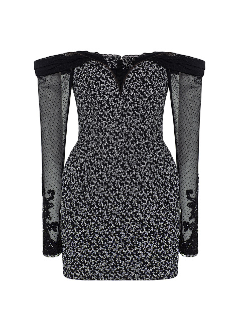 Black Cotton Mini Dress With Floral Print And Lace Sleeves, 1