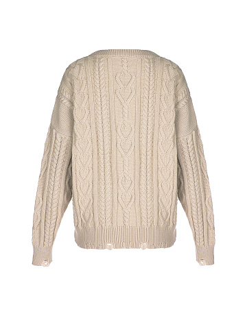 Beige Distressed Cable Knit Sweater, 2
