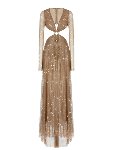 Beige Mesh Rhinestones Cut-out Maxi Derss, 1