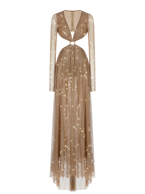 Beige Mesh Rhinestones Cut-out Maxi Derss, 1