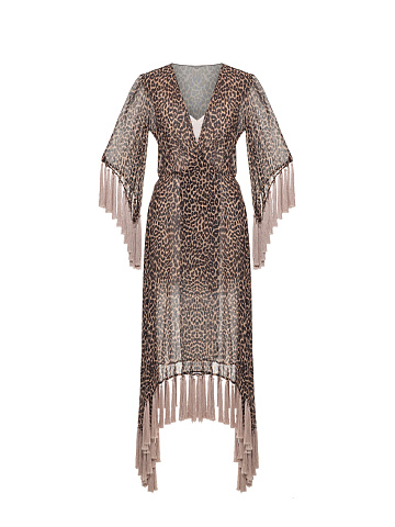 Leopard print chiffon dress with pink fringe, 1