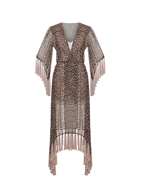 Leopard print chiffon dress with pink fringe, 1