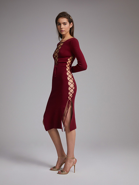 Bordeaux Lace Up Jersey Midi Dress, 5
