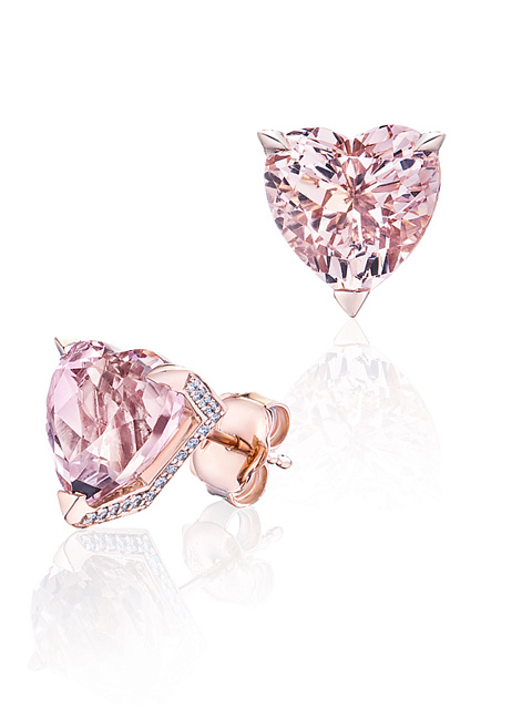 Pink gold stud earrings with heart-cut morganite and round diamonds, 1