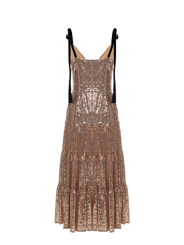 Beige & Gold Sequined Midi Dress, 2