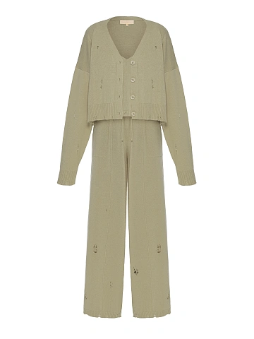 Khaki Knitted Cardigan, Top & Pants Set, 1