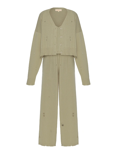 Khaki Knitted Cardigan, Top & Pants Set, 1