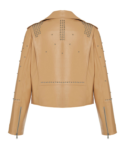 Beige Studded Leather Biker Jacket, 2