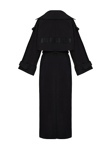 Black Leather Trim Cotton Trench Coat, 2