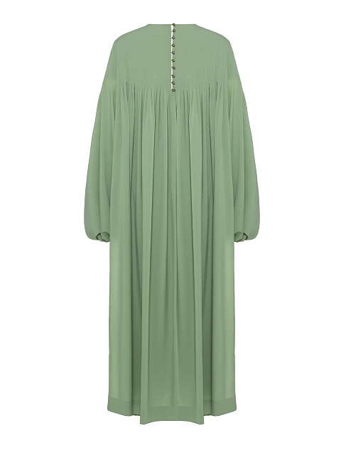 Green crepe silk suit, tunic trimmed with embroidery, joggers with elastic waistband, 2