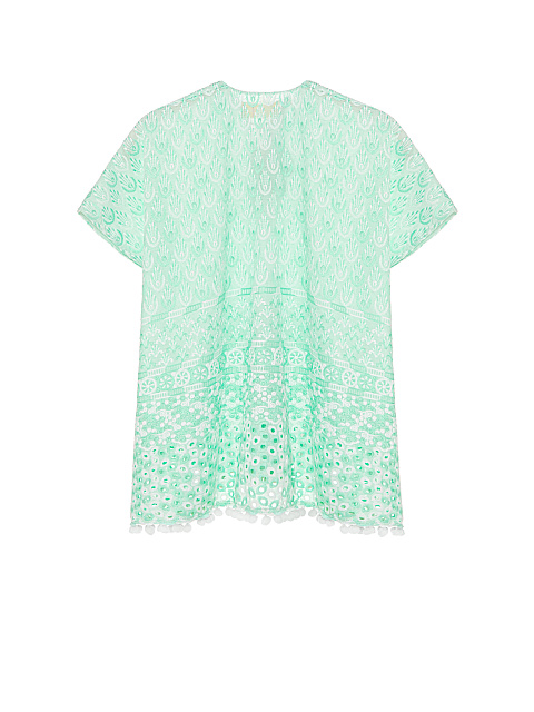 Kid's Green & White Pompon Trim Cotton Tunic Dress, 2