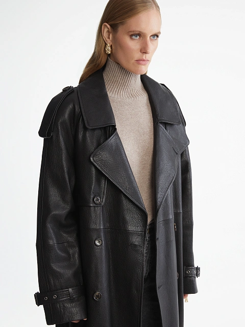 Black Textured Leather Trench Coat, 11