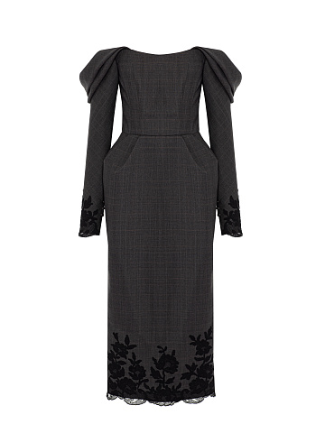 Dark Grey Lace Trim Wool Midi Dress, 1