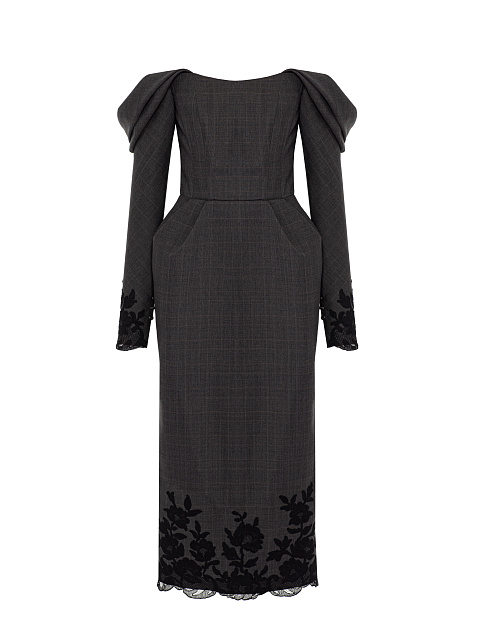 Dark Grey Lace Trim Wool Midi Dress, 1