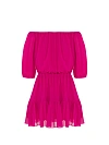 Платье-мини из шифона цвета фуксии, открытые плечи, пышный рукав 3/4, юбка с воланом