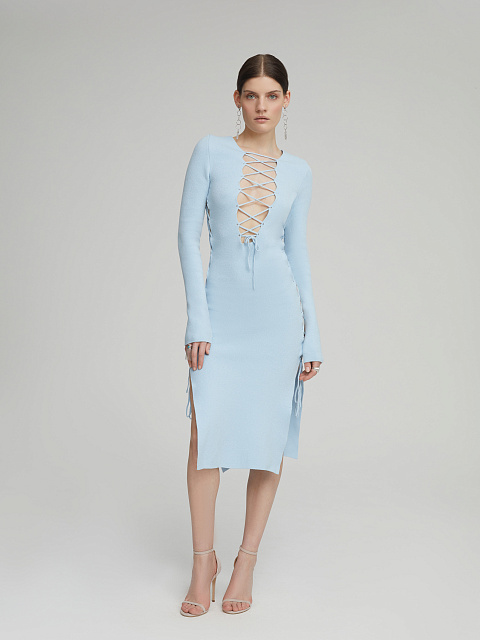 Light Blue Lace Up Jersey Midi Dress, 6