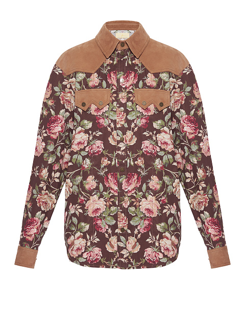 Brown Cotton & Suede Floral-Print Shirt, 1 Brown Cotton & Suede Floral-Print Shirt, 1