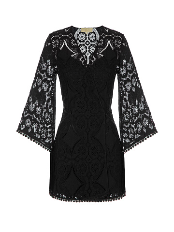 Black Lace Cotton Wrap Mini Dress, 1