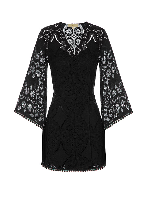 Black Lace Cotton Wrap Mini Dress, 1