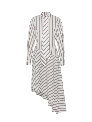 White Striped Cotton Asymmetric Midi Dress, 1