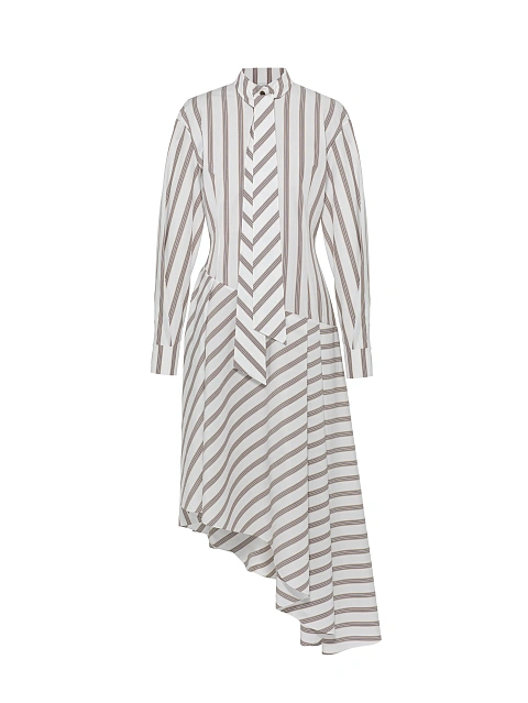 White Striped Cotton Asymmetric Midi Dress, 1