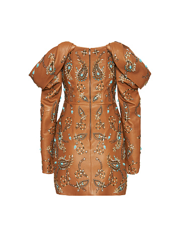 Turquoise & Crystals Embroidered Brown Leather Mini Dress, 2