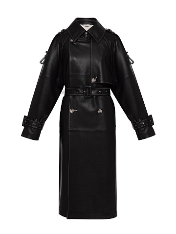 Black Leather & White Mink Fur Lining Trench Coat, 1